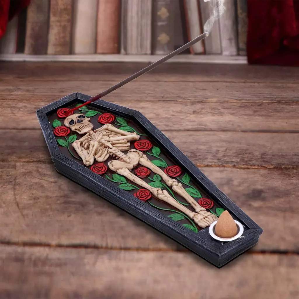 Skeleton Rest in Roses Coffin Incense Burner - Figurine